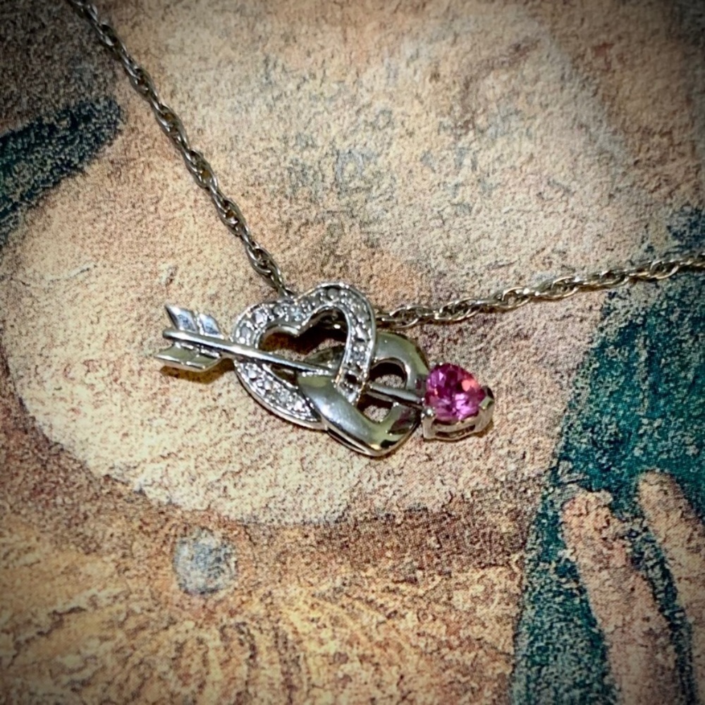 Linked hearts with arrow necklace 925 pink lab topaz lab diamond